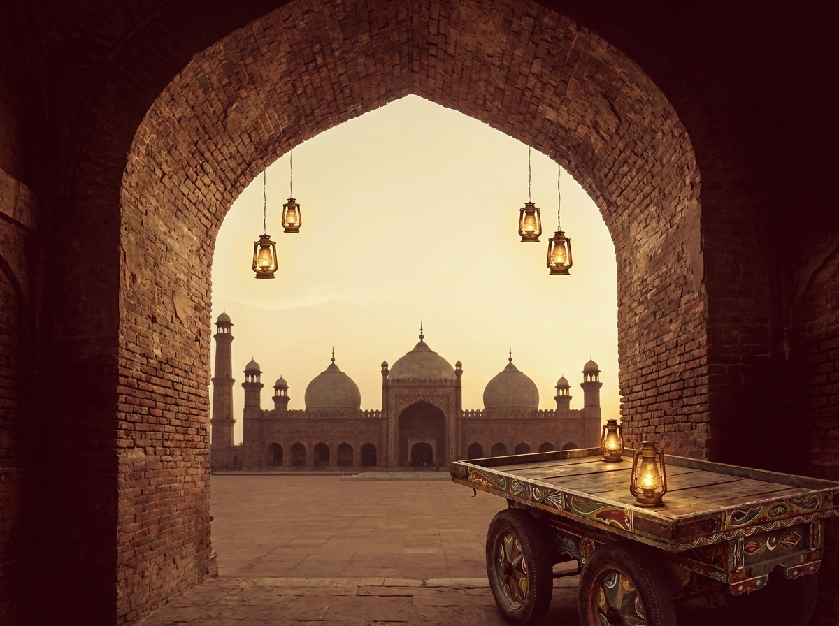 Badshahi Mosque through a Walled City archway at golden hour